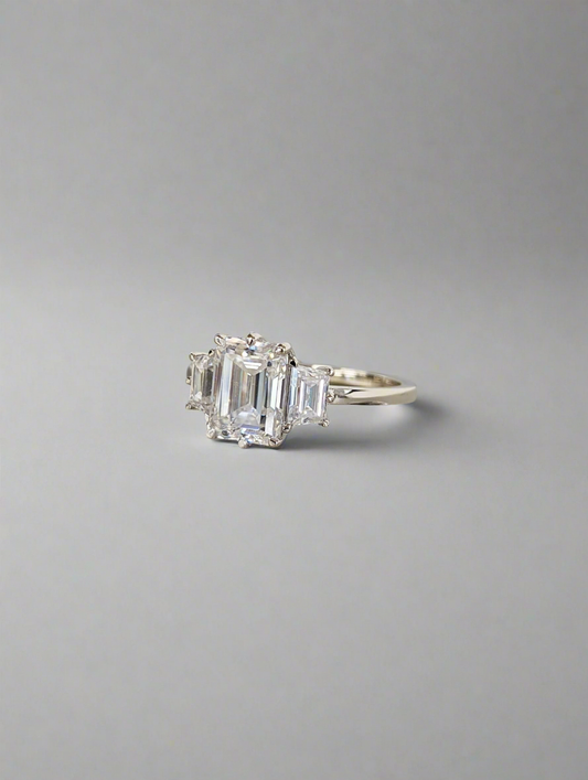 Engagement Ring - Emerald and Trapazoid Trilogy Moissanite Ring