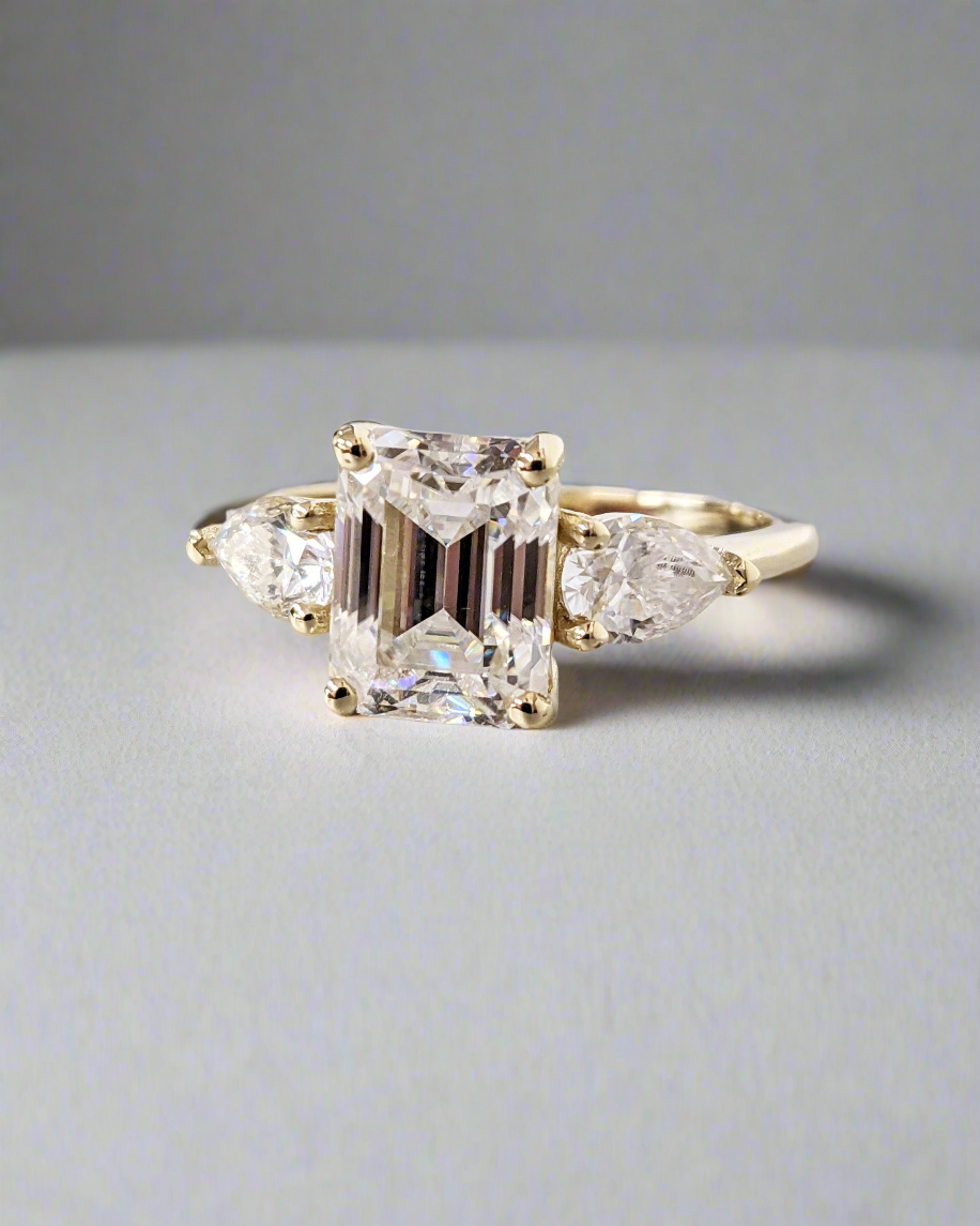 Engagement Ring - Emerald Cut, Pear cut Moissanite 3 Stone Trilogy Ring