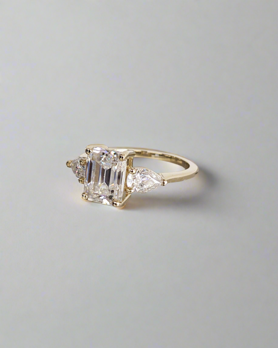 Engagement Ring - Emerald Cut, Pear cut Moissanite 3 Stone Trilogy Ring