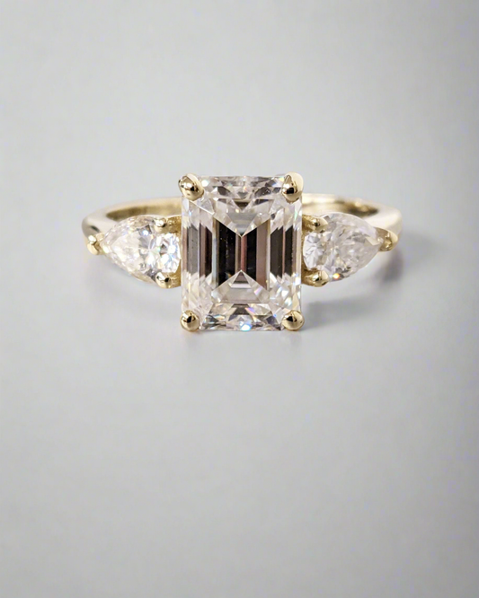 Engagement Ring - Emerald Cut, Pear cut Moissanite 3 Stone Trilogy Ring