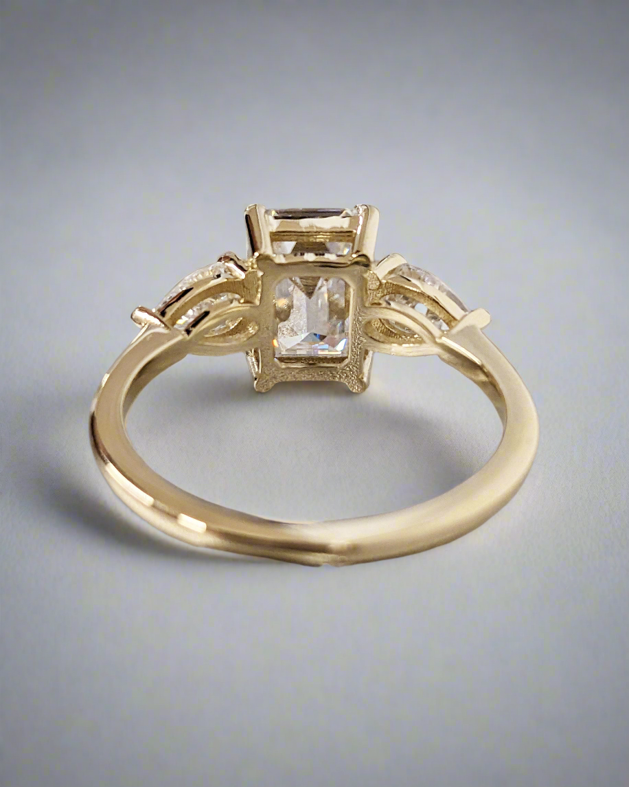 Engagement Ring - Emerald Cut, Pear cut Moissanite 3 Stone Trilogy Ring