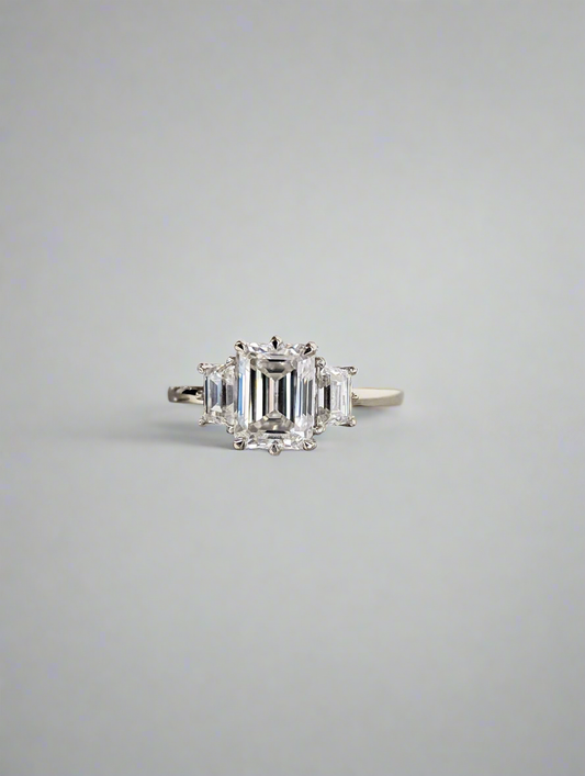 Engagement Ring - Emerald and Trapazoid Trilogy Moissanite Ring