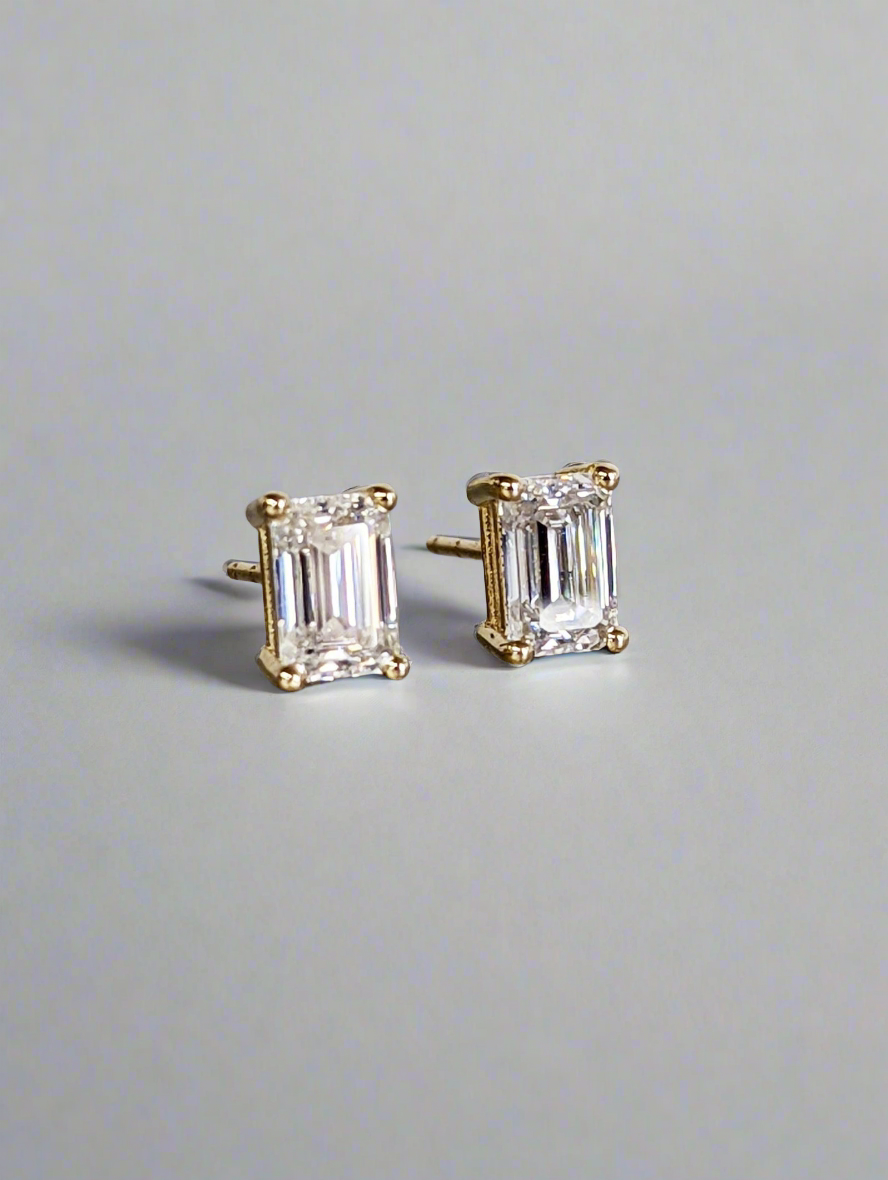 Stud Earrings - 0.5ct Emerald Cut Moissanite Solitaire Studs,